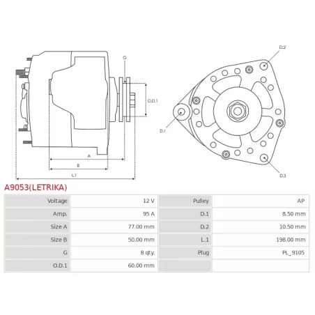 Alternateur 12V 95Amp AS-PL UD01574A, CARGO 114514, ISKRA / LETRIKA 11.201.830, AAK5157, IA0830, MAHLE MG 108