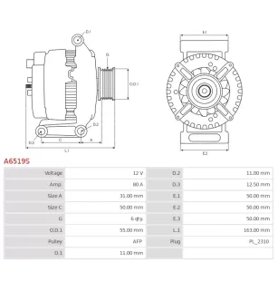 Alternateur 12V 80Amp AS-PL A6519S, UD15207A, DENSO 104211-2210, 104211-2211, ISUZU 8982476891, ELECTROLOG ALT6815
