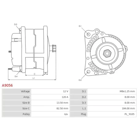 Alternateur 12V 120Amp AS-PL A9056, UD01796A, CARGO 113967, CATERPILLAR 2253145, 235-3145, 3469825, ISKRA / LETRIKA 11.203.175