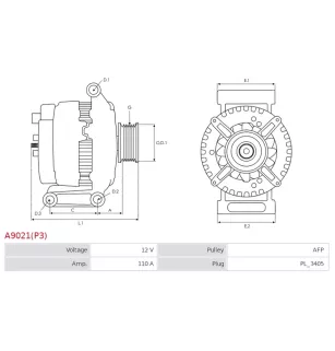 Alternateur 12V 110Amp BOSCH 0986045370, CARGO 113913, DELCO DB6480, DB6480N, DRB5370, DRB5370N, RAA27481, FORD 1498518