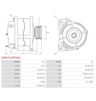 Alternateur 12V 95Amp CARGO 114772, 116456, DELCO 19093009, DA1933, DRA0823, DRA0823N, ISKRA / LETRIKA 11.201.908, 11.203.812