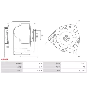 Alternateur 12V 95Amp AS-PL UD01134A, FORD F0PU-10346-CA, F0PU-10346-NC, F0VF-10300-AA, F0VU-10300-AA, F0VU-10300-AB