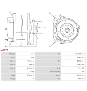 Alternateur 12V 60Amp AS-PL A9070, UD10817A, CARGO 112506, DELCO DRA4198, HELLA 8EL012426-321, HYUNDAI / KIA 0K054-18300