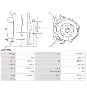 Alternateur 12V 60Amp CARGO 112506, DELCO DRA4198, HELLA 8EL012426-321, HYUNDAI / KIA 0K054-18300, 0K054-18300A, 0K054-18300B