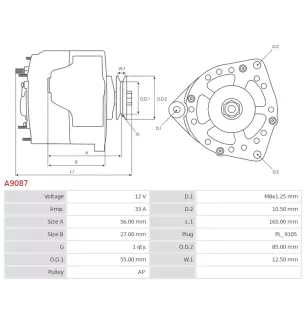 Alternateur 12V 33Amp AS-PL A9087, UD02253A, UD20846A, ISKRA / LETRIKA 11.201.095, AAG1310, IA0095, MAHLE MG 462