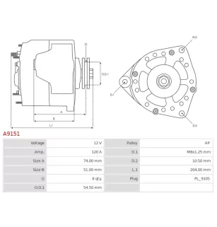 Alternateur 12V 120Amp AS-PL A9151, UD13074A, CARGO 115608, FIAT 87371504, ISKRA / LETRIKA 11.203.434, AAK5581, IA1286