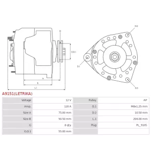 Alternateur 12V 120Amp AS-PL UD11838(LETRIKA)A, CARGO 115608