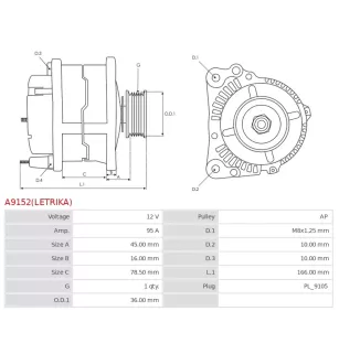 Alternateur 12V 95Amp AS-PL UD11839(LETRIKA)A, ISKRA / LETRIKA 11.203.850, AAK1878, IA1351, MAHLE 72735501, MG502