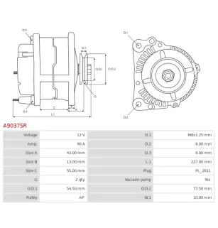 Alternateur 12V 90Amp BOSCH 0986049720, CARGO 113519, DELCO DRA4176, HELLA 8EL011711-271, HYUNDAI / KIA 37300-42542