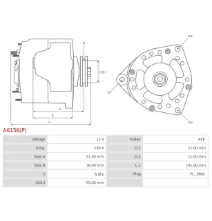 Alternateur 12V 130Amp AS-PL A6156(P), UD01149A, CARGO 113803, CHEVROLET RL868430AH, CHRYSLER 04868430AB, 04868430AC