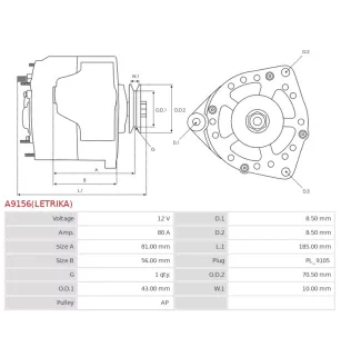 Alternateur 12V 80Amp AS-PL UD11843(LETRIKA)A, CARGO 112191, DELCO DRA3454, ISKRA / LETRIKA 11.201.498, AAK5105, IA0498