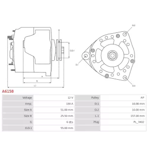 Alternateur 12V 150Amp AS-PL A6158, UD10930A, DENSO 104210-1110, 104210-5970, FORD 9L3T10300CB, 9L3TCB, 9L3Z10346C