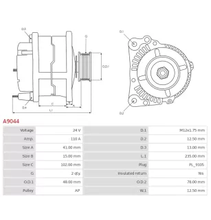Alternateur 24V 110Amp AS-PL A9044, CARGO 112294, CATERPILLAR 0R3749, 0R5203, 114-2401, 4N3986, 6L6024, 9X7803, OR5203