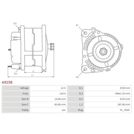 Alternateur 12V 120Amp AS-PL A9158, UD13079A, CARGO 114049, ISKRA / LETRIKA 11.201.970, 11.201.976, 11.201.977, 11.201.978