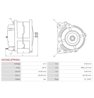 Alternateur 12V 120Amp AS-PL A9158, UD11846(LETRIKA)A, UD13079A, CARGO 114049, ISKRA / LETRIKA 11.201.970, 11.201.976