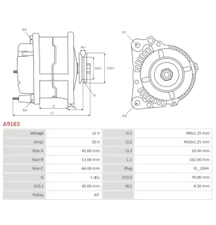 Alternateur 12V 50Amp AS-PL A9163, UD11332A, CARGO 111714, DELCO DRA3447, DRA3447N, HELLA 8EL737390-001, HYUNDAI / KIA AB150021