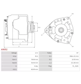 Alternateur 12V 95Amp AS-PL UD01579A, ISKRA / LETRIKA 11.201.727, 11.203.159, AAK5123, AAK5378, IA0727, JOHN DEERE AH137883