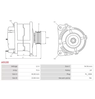 Alternateur 12V 75Amp AS-PL UD02569A, BOSCH 0986046361, DELCO DRA3377, DRA3377N, HELLA 8EL012429-721, 8EL737058-001