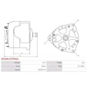 Alternateur 12V 150Amp AS-PL UD11852(LETRIKA)A, ISKRA / LETRIKA 11.203.827, 11.204.005, 11.204.189, 11.204.251, AAN5348