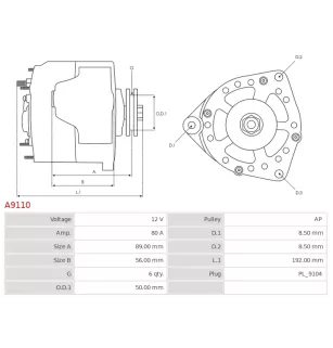 Alternateur 12V 80Amp AS-PL UD10968A, BATE 3212М3771000, KRAUF ALR7018, RUSSIA 9422.3701000