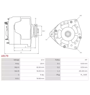 Alternateur 12V 120Amp AS-PL UD12208A, CARGO 114000, ISKRA / LETRIKA 11.203.281, AAK5533, IA1161, MAHLE MG 339, MG339