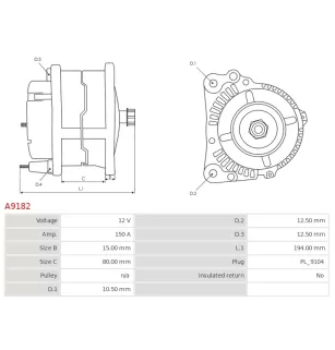 Alternateur 12V 150A Prestolite A9182 UD12300A