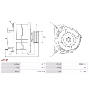 Alternateur 12V 150Amp AS-PL UD12299A, DEUTZ S3701010C466, PRESTOLITE AVI144B2008, AVI144B2018, ELECTROLOG ALT97015
