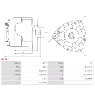 Alternateur 24V 76Amp AS-PL UD10959A, KATEK 7762.3701-02, 7762370100012, KAMAZ 32523771, KRAUF ALR7015