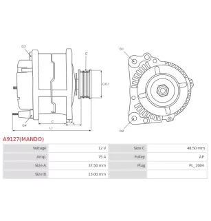 Alternateur 12V 75Amp AS-PL UD02539A, BOSCH 0986042891, CARGO 110659, DELCO 10463728, DRA3143, HELLA 8EL730072-001