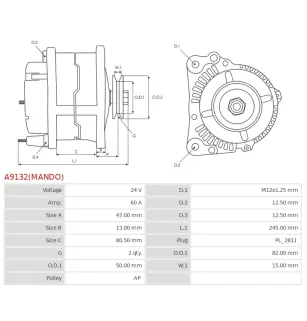 Alternateur 24V 60Amp AS-PL UD02592A, HYUNDAI / KIA 37300-93500, 37300-93501, CASCO CAL32607GS, KRAUF ALA3503, REAL 20193706OE