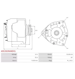 Alternateur 12V 55Amp AS-PL UD02597A, DELCO 10459512, DRA0345, MANDO AC155620, VOLVO 3860173, DIXIE 141-33104, A-8763, A-8764