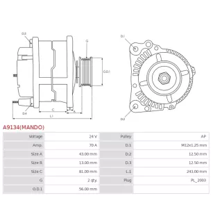 Alternateur 24V 70A Kia UD02575A 37300-45150
