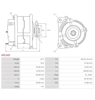 Alternateur 24V 70Amp AS-PL UD17133A, HYUNDAI / KIA 37300-45150, MANDO AC270370, AD165439, BN3730045150, TA000A35101