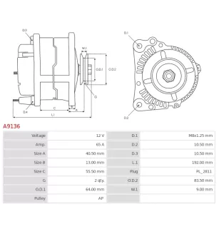 Alternateur 12V 65Amp AS-PL A9136, UD02565A, UD11330A, CARGO 111929, HYUNDAI / KIA 37300-42112, 37300-42114, 37300-42116