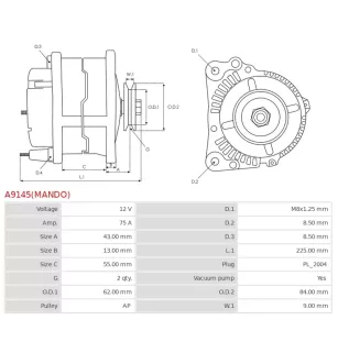 Alternateur 12V 75Amp AS-PL UD02566A, DELCO DA5378, DA5378N, DRA4268, DRA4268N, HELLA 8EL011711-241, HYUNDAI / KIA 37300-42452