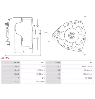 Alternateur 12V 85Amp AS-PL A6185, UD01893A, BOSCH 0986045781, CARGO 111950, DELCO DRA1014, RAA12125, DENSO 101211-9180