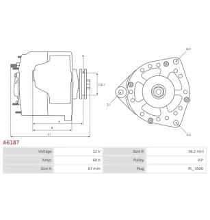 Alternateur 12V 60Amp AS-PL UD01942A, BOSCH 0986036301, CARGO 110675, DELCO DRA3157, DRA6301, DENSO 100211-2050, 100211-2110