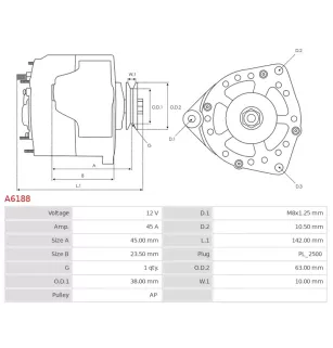 Alternateur 12V 45Amp AS-PL A6188, UD01947A, CARGO 110374, F032110374, DENSO 021000-9510, 100211-1400, 100211-1401