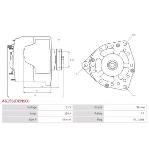 Alternateur 12V 120Amp DENSO 101211-7551, 9761219755, DAN671