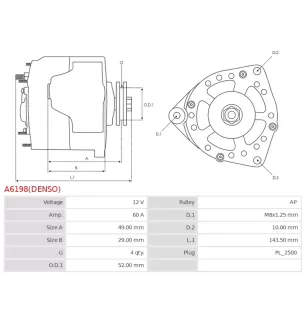 Alternateur 12V 60Amp BOSCH 0986045461, DAIHATSU 27060-97202