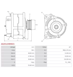 Alternateur 12V 80Amp DAIHATSU 27060B1030, 27060B1030000, DELCO DA2046, DRA0936, DENSO 104210-8210, DAN980