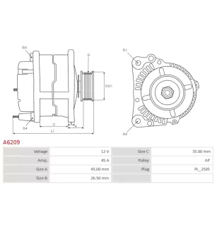 Alternateur 12V 45Amp AS-PL UD02273A, TOYOTA 27060-BZ020