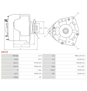 Alternateur 12V 45Amp AS-PL A6215, UD02270A, DENSO 101211-3730, 101211-3731, 101211-3860, 101211-8580, 101211-8650