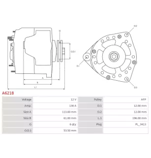 Alternateur 12V 130Amp AS-PL A6218, UD02326A, CARGO 115679, CHRYSLER 56029574AA, K56029574AA, K56029574AB, P56029574AA