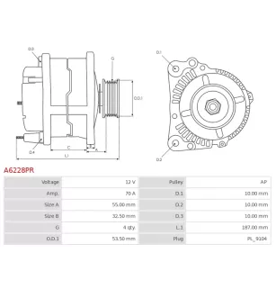 Alternateur 12V 70Amp DELCO DA4463, DRA3353, DRA3353X, RAA14464, DENSO 102211-8220, 102211-8221, FIAT 46231693, 46407644