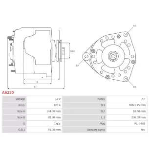 Alternateur 12V 120Amp AS-PL A6230, UD30025A, BOSCH 0986046541, CARGO 114300, CHRYSLER 38522267F, ERR6999, DELCO DRA3856