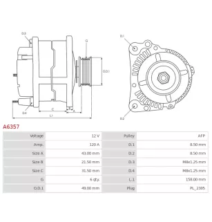 Alternateur 12V 120A Denso A6357 UD12121A
