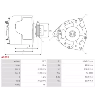 Alternateur 12V 40Amp AS-PL A6363, UD12691A, CARGO 111048, DAIHATSU 27060-87201-000, 27060-87202-000