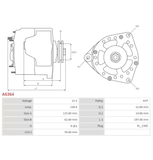 Alternateur 12V 150Amp AS-PL UD12674A, DENSO 104211-8540, DAN1145, FIAT 51907673, 51929089