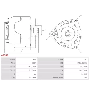 Alternateur 12V 100Amp AS-PL A6366, DENSO 100213-2950, 100213-2982, 100213-2990, 100213-2991